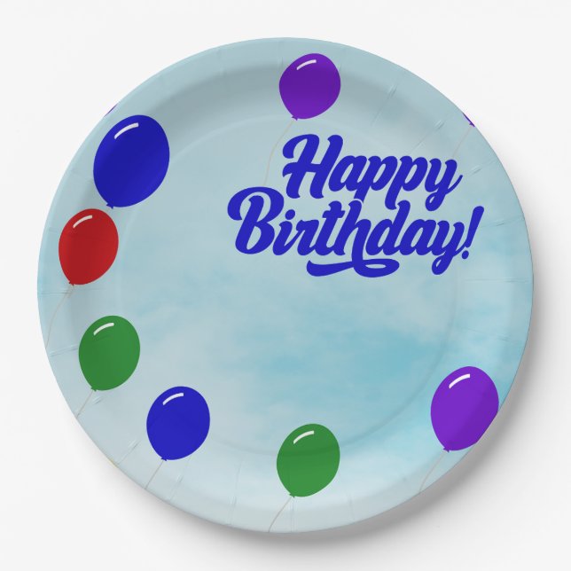Colourful festive Happy birthday with balloons  Paper Plate (Front)