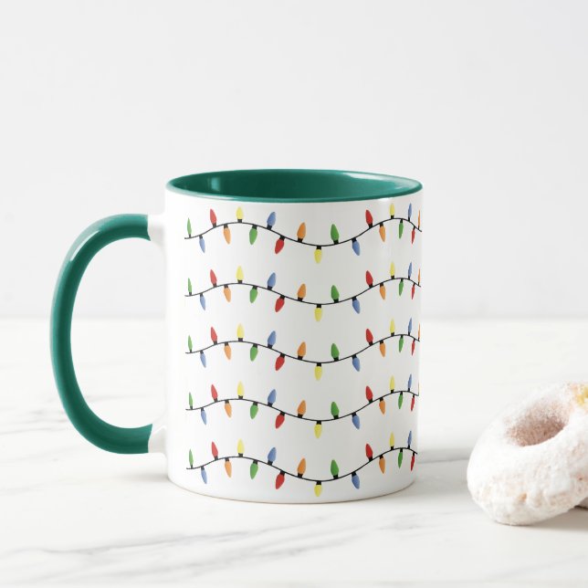 Colourful Festive Holiday Tree Lights Art Pattern Mug (With Donut)