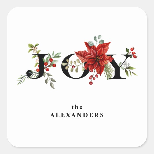 Colourful Festive Joy w/Poinsettias and Berries Square Sticker (Front)
