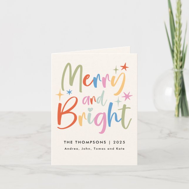 Colourful Festive Merry & Bright 3 Photo Christmas Holiday Card (Front)