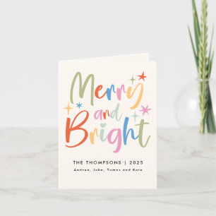 Colourful Festive Merry & Bright 3 Photo Christmas Holiday Card