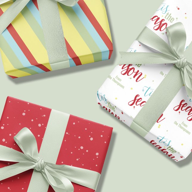 Colourful Festive Typography Custom Christmas Wrapping Paper Sheet (Christmas holiday whimsical "tis the Season" wrapping paper sheets.)