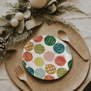 Colourful Festive Watercolor Christmas Ornaments Paper Plate
