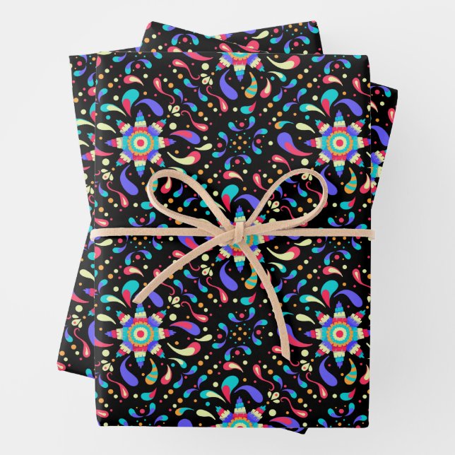 Colourful Fiesta Black Wrapping Paper Sheet (In situ)