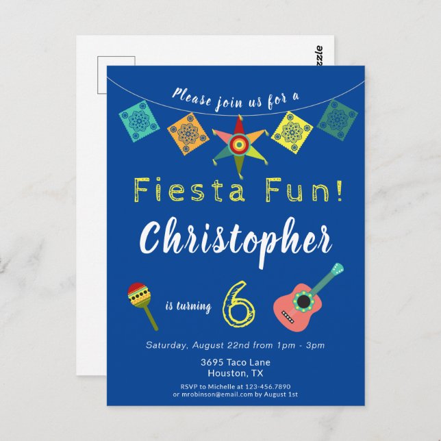 Colourful Fiesta Boys Birthday Party Invitation Postcard (Front/Back)