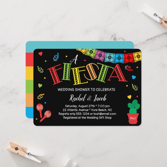 Colourful Fiesta Cactus Maracas Wedding Shower Invitation (Front/Back In Situ)