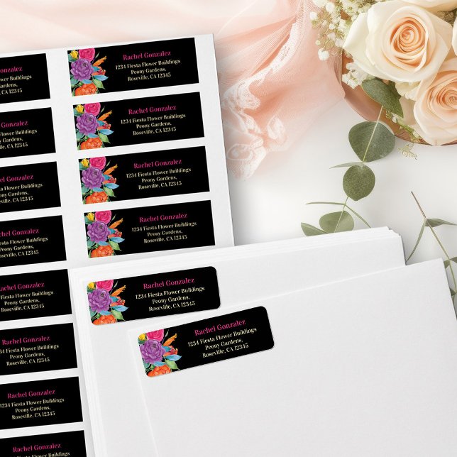 Colourful Fiesta Flower Floral Black Return Addres (Return Address Labels from my Fiesta Flowers Quinceanera Collection)