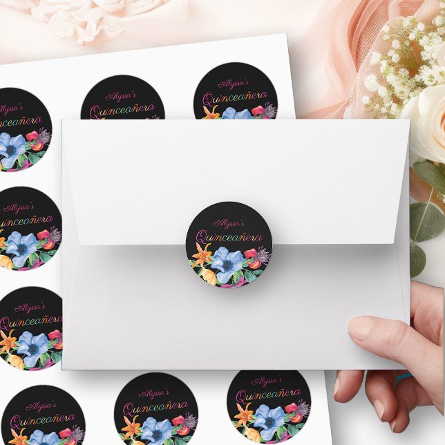 Colourful Fiesta Flowers Black Floral Quinceanera Classic Round Sticker (Floral Stickers from my Fiesta Flowers Quinceanera Collection)