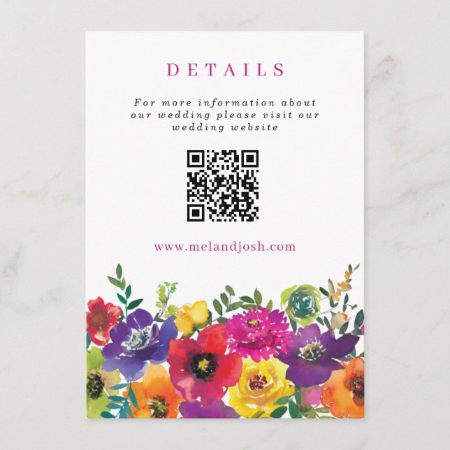 Colourful Fiesta Flowers Wedding Website  QR Code Enclosure Card (Front)