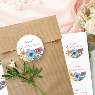 Colourful Fiesta Flowers White Floral Quinceanera Classic Round Sticker
