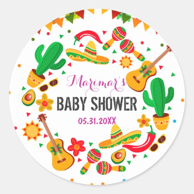 Colourful Fiesta Mexican Culture Cactus Baby Showe Classic Round Sticker (Front)