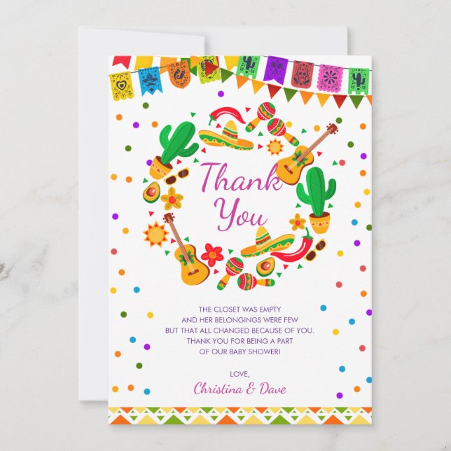 Colourful Fiesta Mexican Culture Cactus Baby Showe Thank You Card (Front)