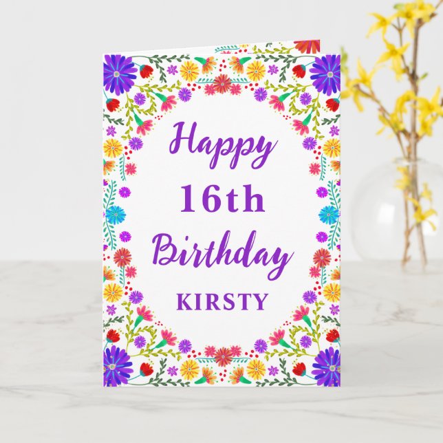 Colourful Fiesta Mexican Floral Frame 16th Birthda Card (Yellow Flower)