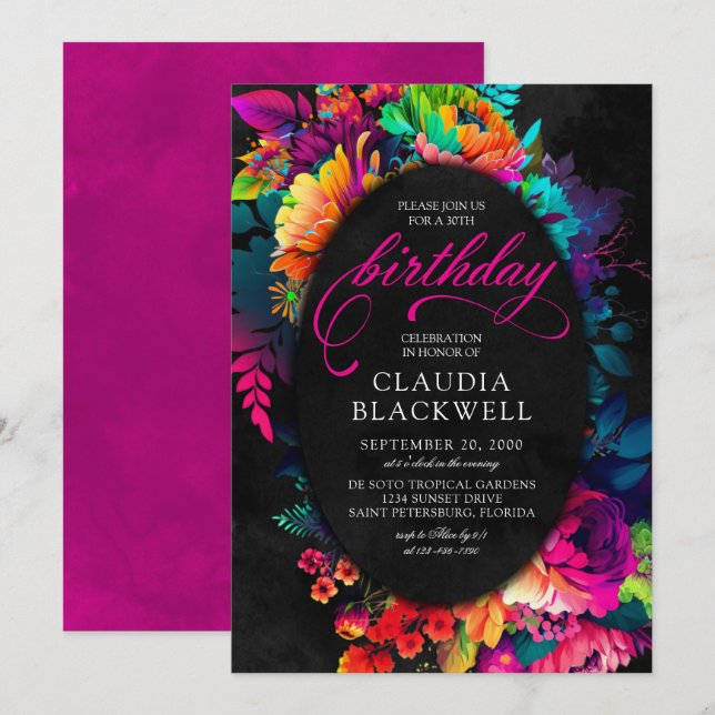 Colourful Fiesta Watercolor Floral Birthday Invitation (Front/Back)