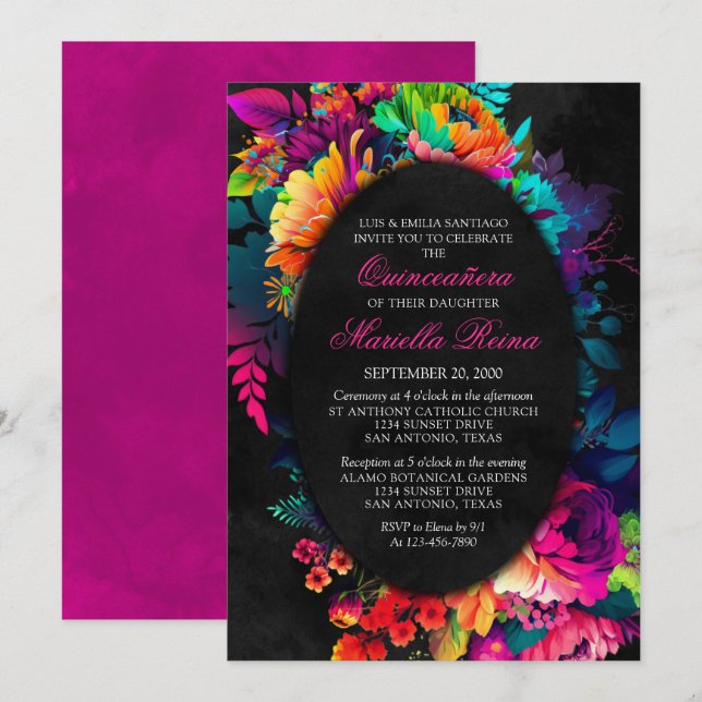 Colourful Fiesta Watercolor Floral Quinceañera Invitation (Front/Back)