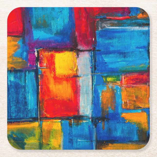 Colourful Fine Art Abstract Oil Painting Square Paper Coaster (Front)