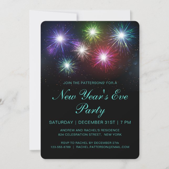 Colourful Fireworks New Year's Eve Party Modern Invitation (Front)