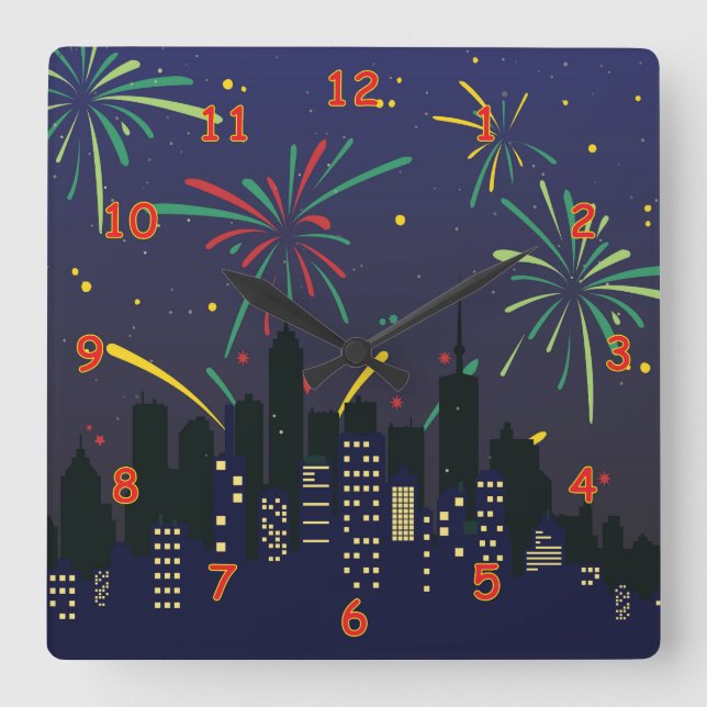 Colourful Fireworks Over the City Skyline Sketch Square Wall Clock (Front)