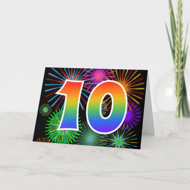 Colourful Fireworks + Rainbow Pattern "10" Event # Card (Front)