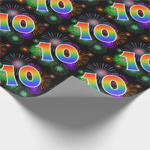 Colourful Fireworks + Rainbow Pattern "10" Event # Wrapping Paper