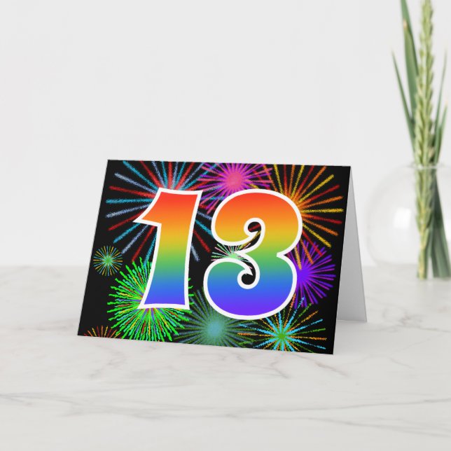 Colourful Fireworks + Rainbow Pattern "13" Event # Card (Front)