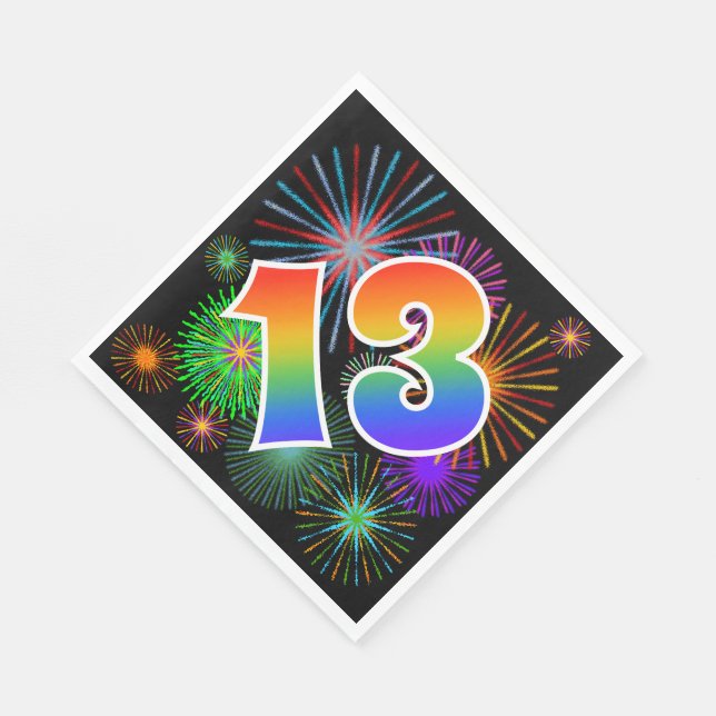 Colourful Fireworks + Rainbow Pattern "13" Event # Napkin (Corner)