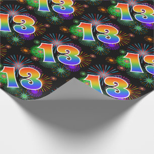 Colourful Fireworks + Rainbow Pattern "13" Event # Wrapping Paper