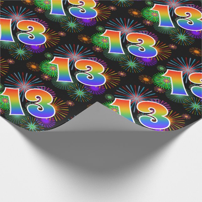 Colourful Fireworks + Rainbow Pattern "13" Event # Wrapping Paper (Corner)