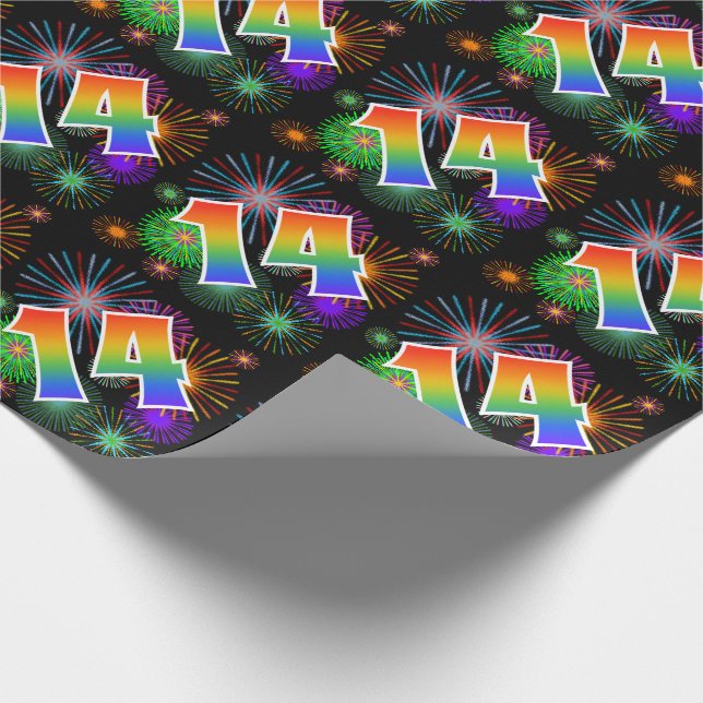 Colourful Fireworks + Rainbow Pattern "14" Event # Wrapping Paper (Corner)