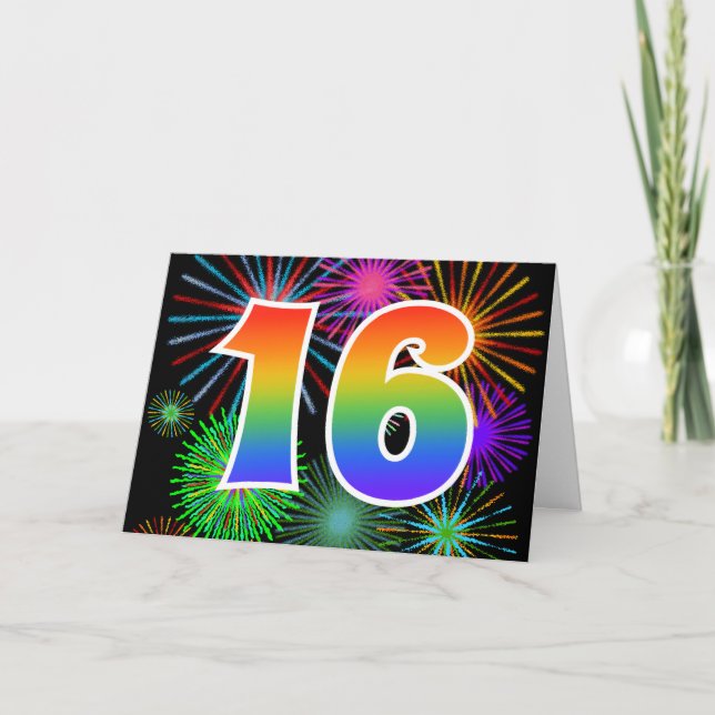 Colourful Fireworks + Rainbow Pattern "16" Event # Card (Front)