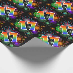 Colourful Fireworks + Rainbow Pattern "17" Event # Wrapping Paper