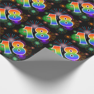 Colourful Fireworks + Rainbow Pattern "18" Event # Wrapping Paper