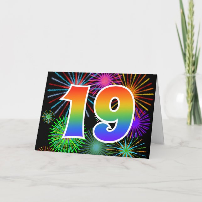 Colourful Fireworks + Rainbow Pattern "19" Event # Card (Front)
