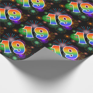 Colourful Fireworks + Rainbow Pattern "19" Event # Wrapping Paper