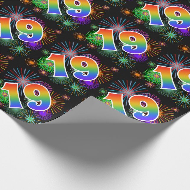 Colourful Fireworks + Rainbow Pattern "19" Event # Wrapping Paper (Corner)
