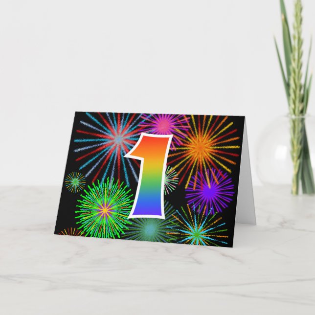 Colourful Fireworks + Rainbow Pattern "1" Event # Card (Front)