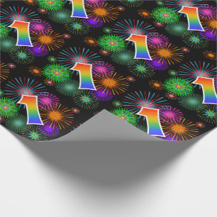 Colourful Fireworks + Rainbow Pattern "1" Event # Wrapping Paper