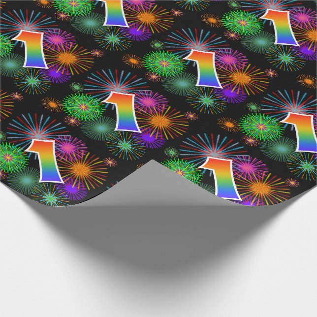 Colourful Fireworks + Rainbow Pattern "1" Event # Wrapping Paper (Corner)