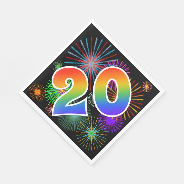 Colourful Fireworks + Rainbow Pattern "20" Event # Napkin (Corner)