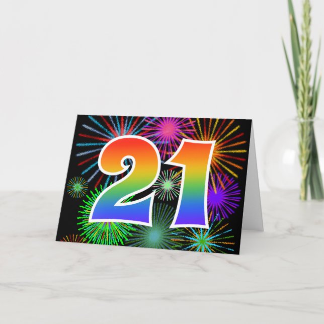 Colourful Fireworks + Rainbow Pattern "21" Event # Card (Front)