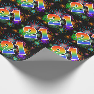 Colourful Fireworks + Rainbow Pattern "21" Event # Wrapping Paper