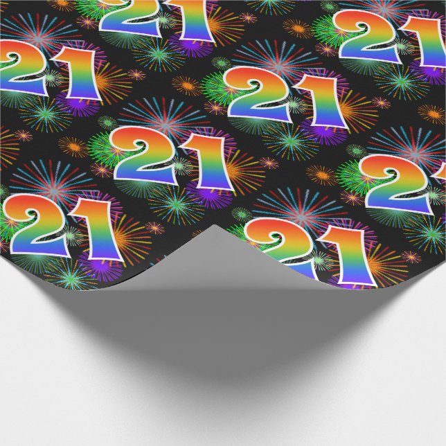 Colourful Fireworks + Rainbow Pattern "21" Event # Wrapping Paper (Corner)