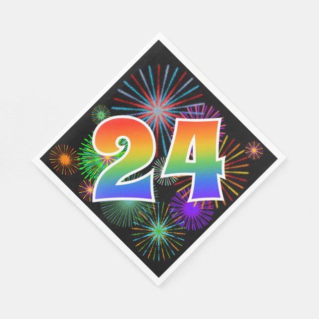 Colourful Fireworks + Rainbow Pattern "24" Event # Napkin (Corner)