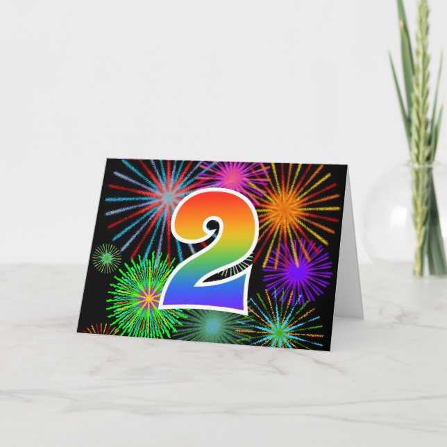 Colourful Fireworks + Rainbow Pattern "2" Event # Card (Front)