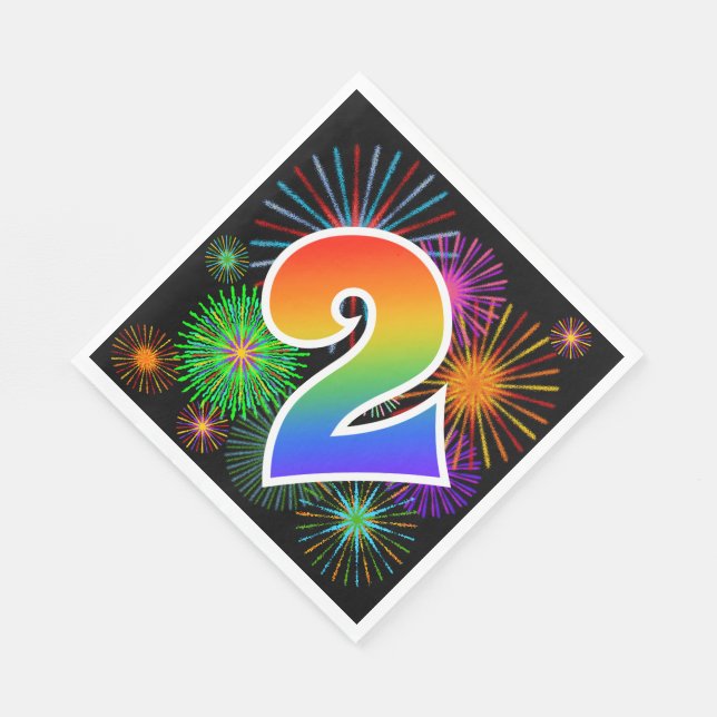 Colourful Fireworks + Rainbow Pattern "2" Event # Napkin (Corner)
