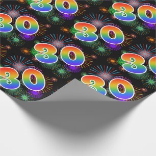 Colourful Fireworks + Rainbow Pattern "30" Event # Wrapping Paper