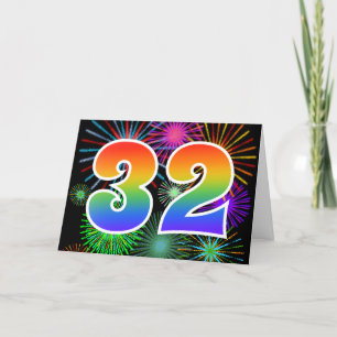 Colourful Fireworks + Rainbow Pattern "32" Event # Card