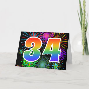 Colourful Fireworks + Rainbow Pattern "34" Event # Card