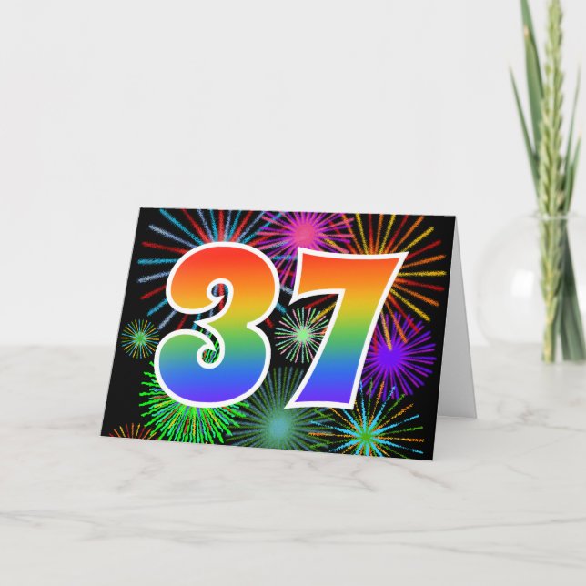 Colourful Fireworks + Rainbow Pattern "37" Event # Card (Front)