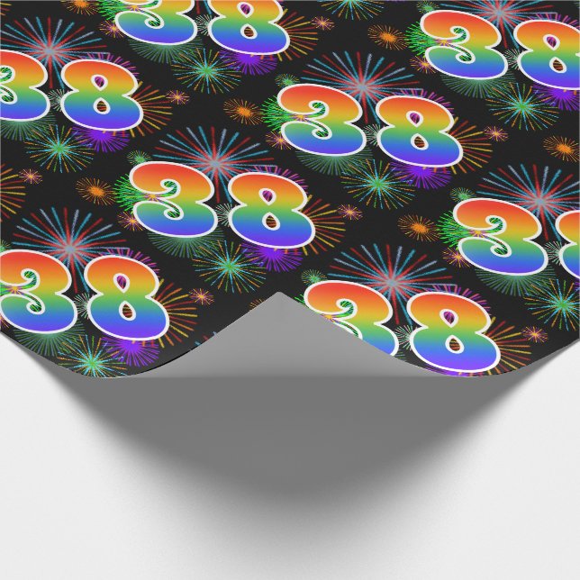 Colourful Fireworks + Rainbow Pattern "38" Event # Wrapping Paper (Corner)